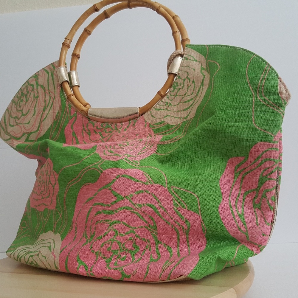 Bag Lady Mud Pie Peony Tote Bag w/ Bamboo Handles